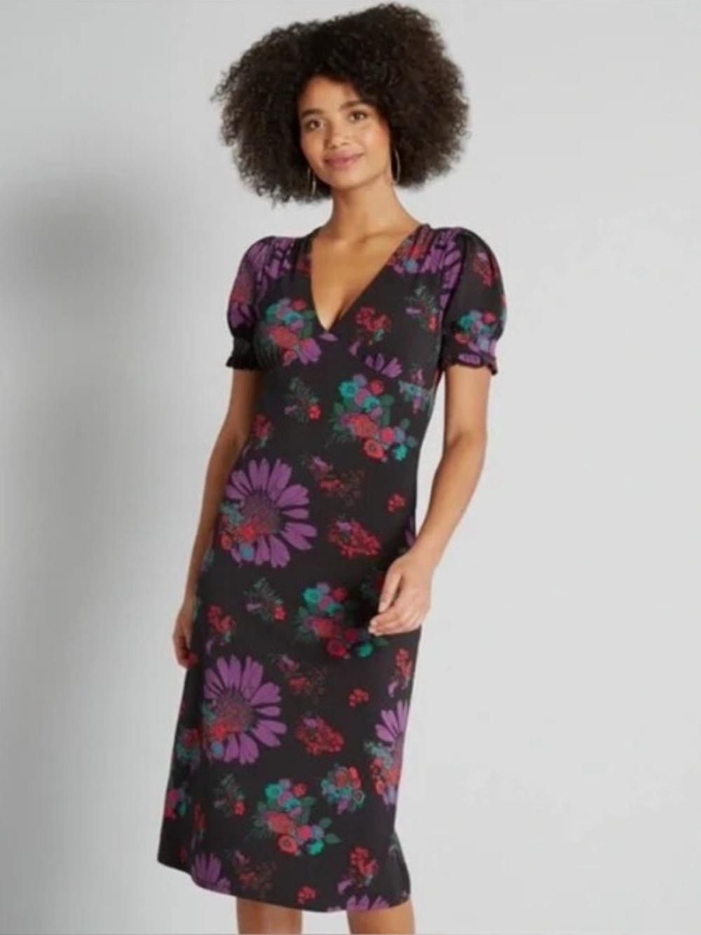 ModCloth Meow Bouquet Black Purple Cat Floral Print Babydoll Midi Dress S Empire